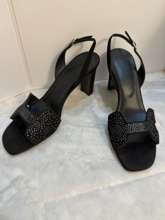 Hermes Black Suede Crystal Embellished Slingback H Sandals Size 39,9 (US 9,5) - Picture 4 of 17